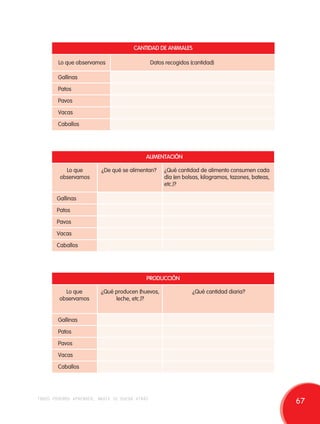CANTIDAD DE ANIMALES 
Lo que observamos Datos recogidos (cantidad) 
ALIMENTACIÓN 
¿Qué cantidad de alimento consumen cada 
día (en bolsas, kilogramos, tazones, bateas, 
etc.)? 
Gallinas 
Patos 
Pavos 
Vacas 
Caballos 
Lo que 
observamos 
¿De qué se alimentan? 
Gallinas 
Patos 
Pavos 
Vacas 
Caballos 
¿Qué cantidad diaria? 
PRODUCCIÓN 
Lo que 
observamos 
¿Qué producen (huevos, 
leche, etc.)? 
Gallinas 
Patos 
Pavos 
Vacas 
Caballos 
todos podemos aprender, nadie se queda atrás 67 
 