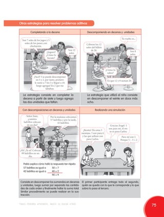 Otras estrategias para resolver problemas aditivos 
Completando a la decena Descomponiendo en decenas y unidades 
Son 7 soles de los jugos y 5 
soles de los panes con 
chicharrón. 
¿Seguro? 
¿Cómo lo 
hiciste? 
Son 12 
soles. 
¡Fácil! 5 se puede descomponer 
en 3 y 2, por tanto, primero 
le sume a 7 los 3 y llegué a 10: 
luego agregué los 2 que me 
faltaban. 
La estrategia consiste en completar la 
decena a partir de siete y luego agrega 
las dos unidades que faltan. 
Cóbrese los 12 
soles del billete 
de 20. 
Tu vuelto es... 
¿Cómo lo 
sabes? 
Son 8 
soles. 
Es que 12 y 8 suman 20. 
La estrategia que utilizó el niño consiste 
en descomponer el veinte en doce más 
ocho. 
Con descomposiciones en decenas y unidades 
Por la mañana colocamos 
57 ladrillos y por la tarde, 
42 ladrillos. 
Señor Juan, 
¿cuántos 
ladrillos colocan 
en un día? 
¡Ah! ¡Ya sé! Colocan 
99 ladrillos en un 
día. 
Pablo explica cómo halló la respuesta tan rápido: 
57 ladrillos es igual a 50 + 7 
42 ladrillos es igual a 40 + 2 
90 + 9 
Consiste en descomponer los sumandos en decenas 
y unidades, luego sumar por separado las cantida-des 
de cada orden y finalmente hallar la suma total. 
Similar procedimiento se puede realizar en la sus-tracción. 
Realizando una simulación 
Gracias ángel. 3 
son para mí, el res-to 
es para Carlos. 
Para mí son 2. 
Porque 5 – 3 = 2 
¡Benito! De estas 5 
naranjas, 3 son para ti 
y las que sobran son 
para Carlos. 
El primer participante entrega todo al segundo, 
quién se queda con lo que le corresponde y lo que 
sobra lo pasa al tercero. 
todos podemos aprender, nadie se queda atrás 75 
 