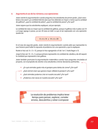 6. Argumenta el uso de los números y sus operaciones 
Javier orienta la argumentación cuando pregunta a los estudiantes de primer grado: ¿Qué carac-teriza 
a las aves? ¿La cantidad total de aves que has obtenido es mayor o menor que la cantidad 
de gallinas?, ¿que la cantidad de patos?, ¿que la cantidad de pavos? ¿Por qué? 
Javier espera que los estudiantes expliquen, así por ejemplo: 
La cantidad de aves es mayor que la cantidad de gallinas, porque 8 gallinas más 6 patos son 14 
y si luego agrego 6 pavos, ya son 20 aves en total. Lo que al ser expresado con una operación 
queda así: 
8 + 6 = 14 y 14 + 6 = 20 
En el caso de segundo grado, Javier orienta la argumentación cuando pide que representen lo 
que hicieron para hallar la repuesta al problema con una operación y que lo expliquen. 
Rosita lo hizo así: 8 + 5 = 13, porque lo hice agregando a 8 de 1 en 1, hasta llegar a 13. 
Jorge lo hizo así: 13 – 8 = 5, porque primero representé a la cantidad de caballos y de ahí separó 
la cantidad que representa a las gallinas. 
Javier también promueve la argumentación matemática cuando hace preguntas vinculadas al 
proyecto, con el propósito de orientar a los estudiantes a tomar decisiones pertinentes. 
• ¿En qué animales gasta más el granjero para darles de comer? ¿Por qué? 
• ¿Qué animal creen que genera mayor utilidad al granjero? ¿Por qué? 
• ¿Qué animales podemos criar en nuestra escuela? ¿Por qué? 
• ¿Podemos criar vacas en nuestra escuela? ¿Por qué? 
La resolución de problemas implica tener 
tiempo para pensar, explorar, cometer 
errores, descubrirlos y volver a empezar. 
todos podemos aprender, nadie se queda atrás 77 
 