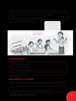 Zoraida dialoga con los estudiantes sobre la necesidad de ordenar los materiales en el aula de clase, 
para ello pregunta: 
• ¿Cómo están distribuidos los materiales del sector de matemática? 
• ¿Es importante ordenar tus materiales? ¿Por qué? 
Luego, les plantea realizar la siguiente actividad: 
Vamos a ordenar 
nuestros materiales 
para saber dónde están. 
Niños, hoy ordenaremos 
nuestros materiales. ¿Cómo 
podemos ordenar los tubos de 
cartón en el sector de 
Matemática para que ocupen 
el menor espacio posible? 
Sector matemática 
¡Ehh! 
Mmm... 
Comprensión del problema 
La docente organiza a los estudiantes en grupos de trabajo y les pregunta: 
• ¿Qué tenemos que hacer? 
• ¿Cómo lo podemos hacer? 
• ¿Alguna vez has agrupado tubos u otros objetos similares? 
La docente les facilita limpiatipos, cinta adhesiva, etc., indicándoles que pueden usarlos para evitar que 
los tubos rueden. 
Diseño o adaptación de una estrategia 
Los estudiantes organizados se dirigen al sector matemática, seleccionan quince tubos de cartón. La 
docente les invita a manipular y explorar el material, para ello, indica lo siguiente: 
• Coloca los tubos sobre la mesa y ensaya ordenarlos de diferentes formas; explica lo que 
sucede. 
• Comenta con tu grupo, ¿cómo hacer para que los tubos no rueden? 
todos podemos aprender, nadie se queda atrás 79 
 
