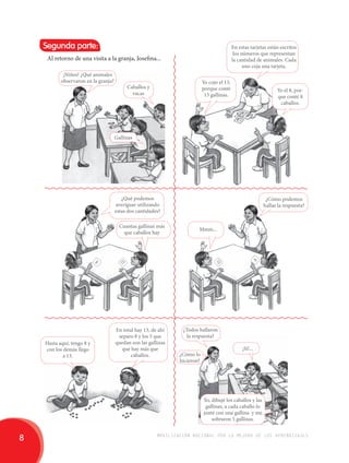Al retorno de una visita a la granja, Josefina... 
Caballos y 
vacas 
Gallinas 
¿Qué podemos 
averiguar utilizando 
estas dos cantidades? 
Cuantas gallinas más 
que caballos hay 
Segunda parte: 
¡Niños! ¿Qué animales 
observaron en la granja? 
Hasta aquí, tengo 8 y 
con los demás llego 
a 13. 
13 
En total hay 13, de ahí 
separo 8 y los 5 que 
quedan son las gallinas 
que hay más que 
caballos. 
Yo cojo el 13, 
porque conté 
13 gallinas. 
Mmm... 
13 
¿Todos hallaron 
la respuesta? 
En estas tarjetas están escritos 
los números que representan 
la cantidad de animales. Cada 
uno coja una tarjeta. 
8 
¡Sí!... 
Yo el 8, por-que 
conté 8 
caballos. 
¿Cómo podemos 
hallar la respuesta? 
8 
Yo, dibujé los caballos y las 
gallinas, a cada caballo lo 
junté con una gallina y me 
sobraron 5 gallinas. 
¿Cómo lo 
hicieron? 
8 movilización nacional por la mejora de los aprendizajes 
 