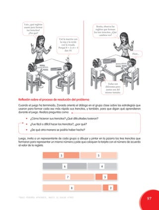 Luis, ¿qué regletas 
usaste para formar 
tus trencitos? 
¿Por qué? 
Usé la marrón con 
la roja y la verde 
con la rosada. 
Porqué 8 + 2 y 6 + 4 
dan 10. 
Rosita, observa las 
regletas que forman 
los tres trencitos. ¿Qué 
cambios ves? 
Hum... 
Todas son 
diferentes pero 
juntas son del 
mismo tamaño. 
Reflexión sobre el proceso de resolución del problema 
Cuando el juego ha terminado, Zoraida orienta el diálogo en el grupo clase sobre las estrategias que 
usaron para formar cada vez más rápido sus trencitos, y también, para que digan qué aprendieron 
durante el juego. Realiza preguntas como: 
• ¿Cómo hicieron sus trencitos? ¿Qué dificultades tuvieron? 
• ¿Fue fácil o difícil hacer los trencitos?, ¿por qué? 
• ¿De qué otra manera se podría haber hecho? 
Luego, invita a un representante de cada grupo a dibujar y pintar en la pizarra los tres trencitos que 
formaron para representar un mismo número y pide que coloquen la tarjeta con el número de acuerdo 
al valor de la regleta. 
5 
6 
7 
8 
5 
4 
3 
2 
todos podemos aprender, nadie se queda atrás 97 
 