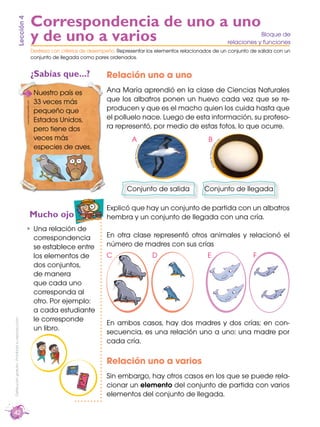 Distribucióngratuita-Prohibidasureproducción
42
Relación uno a uno
Ana María aprendió en la clase de Ciencias Naturales
que los albatros ponen un huevo cada vez que se re-
producen y que es el macho quien los cuida hasta que
el polluelo nace. Luego de esta información, su profeso-
ra representó, por medio de estas fotos, lo que ocurre.
Explicó que hay un conjunto de partida con un albatros
hembra y un conjunto de llegada con una cría.
En otra clase representó otros animales y relacionó el
número de madres con sus crías
En ambos casos, hay dos madres y dos crías; en con-
secuencia, es una relación uno a uno: una madre por
cada cría.
Relación uno a varios
Sin embargo, hay otros casos en los que se puede rela-
cionar un elemento del conjunto de partida con varios
elementos del conjunto de llegada.
Lección4
¿Sabías que...?
Mucho ojo
Nuestro país es
33 veces más
pequeño que
Estados Unidos,
pero tiene dos
veces más
especies de aves.
Una relación de
correspondencia
se establece entre
los elementos de
dos conjuntos,
de manera
que cada uno
corresponda al
otro. Por ejemplo:
a cada estudiante
le corresponde
un libro.
Bloque de
relaciones y funciones
Correspondencia de uno a uno
y de uno a varios
Destreza con criterios de desempeño: Representar los elementos relacionados de un conjunto de salida con un
conjunto de llegada como pares ordenados.
Conjunto de salida
A
C ED F
B
Conjunto de llegada
tomadodefvcom.whoi
tomadodelibertaddigital.c
om
www.skyscraperlife.com
 