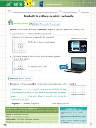 Nombre:	 Fecha:	año:	
✄
¡APLICOLOQUESÉ! Para mi portafolio
102
3
Destreza con criterios de desempeño: Resolver y plantear, de forma
individual o grupal, problemas que requieran el uso de sumas y restas con números
hasta de cuatro cifras e interpretar la solución dentro del contexto del problema.
Domina los aprendizajes requeridos.
Alcanza los aprendizajes requeridos.
Está próximo a alcanzar los aprendizajes requeridos.
No alcanza los aprendizajes requeridos.
Indicadores de logro
Resuelve adiciones de tres y cuatro
cifras.
Resuelve sustracciones de tres y cuatro
cifras.
Observa, analiza e interpreta con lógica
un problema.
Resolución de problemas de adición y sustracción
Estrategia: Obtener datos de una imagen.
Estrategia: Plantear los datos.
1.	 Analizo los costos de los productos y contesto las preguntas, aplicando operaciones de suma y resta.
2.	 Invento un problema, completo los datos con números de cuatro cifras y resuelvo.
•• ¿Cuál cuesta más: la tableta o el ordenador personal?
•• ¿Cuánto se debe pagar si se compran los dos productos?
•• ¿Cuál es la diferencia entre el costo de la ordenador personal
y el costo de la tableta?
Por los dos productos se deben pagar
La diferencia es de $396.
4 9 9
8 9 5
8 9 5
4 9 9
+
–
Anabel pagó		 por la compra de un calentador de agua
solar; mientras que Rafael, en otro almacén, por ese mismo calentador
pagó		 ¿Cuál es la diferencia entre el costo de los dos
calentadores de agua?
Respuesta: El calentador de agua de costó menos que el de
–
No es problema
Tomado de: http://goo.gl/vIW9p7
$895
 