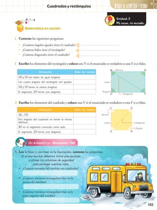 103
BLOQUEDEGEOMETRÍAYMEDIDA
Educación VialMe enlazo con
2.	 Escribo los elementos del rectángulo y coloco una V si el enunciado es verdadero o una F si es falso.
3.	 Escribo los elementos del cuadrado y coloco una V si el enunciado es verdadero o una F si es falso.
1.	 Contesto las siguientes preguntas:
•• ¿Cuántos ángulos iguales tiene el cuadrado?
•• ¿Cuántos lados tiene el rectángulo?
•• ¿Cuántas diagonales tiene el cuadrado?
Afirmación Valor de verdad
​
___
 MO​y ​
__
 OP​ son lados de igual longitud.
Los cuatro ángulos del rectángulo son iguales.
​
___
 MN​y ​
__
 OP​ tienen la misma longitud.
El segmento ​
___
 MP​forma una diagonal.
Afirmación Valor de verdad
​
__
 AB​= ​
___
 CD​
Dos ángulos del cuadrado no tienen la misma
abertura.
​
___
 BD​es el segmento conocido como lado.
El segmento ​
___
 AD​forma una diagonal.
Lado
O
N
P
Vértice
Vértice
Ángulo
Ángulo
Diagonal
Diagonal
M
C
A
D
B
Lado
En el bus escolar debemos tomar precauciones,
y utilizar los cinturones de seguridad
para proteger nuestras vidas.
•• ¿Cuántas ventanas del autobús son cuadradas?
•• ¿Cuántas ventanas rectangulares hay en la
puerta del autobús?
•• ¿Cuántas ventanas rectangulares hay en la
parte superior del autobús?
4.	 Leo la frase y, con base en la ilustración, contesto las preguntas.
Cuadrados y rectángulos
Unidad 3
Mi casa, mi escuela.
Matemática en acción
 