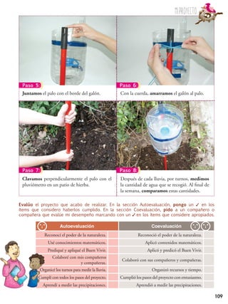 109
Autoevaluación Coevaluación
Reconocí el poder de la naturaleza. Reconoció el poder de la naturaleza.
Usé conocimientos matemáticos. Aplicó contenidos matemáticos.
Prediqué y apliqué el Buen Vivir. Aplicó y predicó el Buen Vivir.
Colaboré con mis compañeros
y compañeras.
Colaboró con sus compañeros y compañeras.
Organicé los turnos para medir la lluvia. Organizó recursos y tiempo.
Cumplí con todos los pasos del proyecto. Cumplió los pasos del proyecto con entusiasmo.
Aprendí a medir las precipitaciones. Aprendió a medir las precipitaciones.
Evalúo el proyecto que acabo de realizar. En la sección Autoevaluación, pongo un ✓ en los
ítems que considero haberlos cumplido. En la sección Coevaluación, pido a un compañero o
compañera que evalúe mi desempeño marcando con un ✓ en los ítems que considere apropiados.
Miproyecto
Paso 5: Paso 6:
Paso 7: Paso 8:
Con la cuerda, amarramos el galón al palo.Juntamos el palo con el borde del galón.
Después de cada lluvia, por turnos, medimos
la cantidad de agua que se recogió. Al final de
la semana, comparamos estas cantidades.
Clavamos perpendicularmente el palo con el
pluviómetro en un patio de hierba.
 