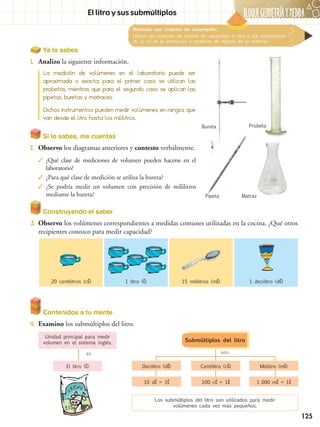 BLOQUEGEOMetríaymedida
125
Contenidos a tu mente
4.	 Examino los submúltiplos del litro.
Unidad principal para medir
volumen en el sistema inglés.
El litro (l) Decilitro (dl)
10 dl = 1l
Los submúltiplos del litro son utilizados para medir
volúmenes cada vez más pequeños.
Centilitro (cl)
100 cl = 1l
Mililitro (ml)
1 000 ml = 1l
sones
Submúltiplos del litro
Construyendo el saber
3.	 Observo los volúmenes correspondientes a medidas comunes utilizadas en la cocina. ¿Qué otros
recipientes conozco para medir capacidad?
Si lo sabes, me cuentas
2.	 Observo los diagramas anteriores y contesto verbalmente.
✓✓ ¿Qué clase de mediciones de volumen pueden hacerse en el
laboratorio?
✓✓ ¿Para qué clase de medición se utiliza la bureta?
✓✓ ¿Se podría medir un volumen con precisión de mililitros
mediante la bureta?
La medición de volúmenes en el laboratorio puede ser
aproximada o exacta; para el primer caso se utilizan las
probetas, mientras que para el segundo caso se aplican las
pipetas, buretas y matraces.
Dichos instrumentos pueden medir volúmenes en rangos que
van desde el litro hasta los mililitros.
Ya lo sabes
1.	 Analizo la siguiente información.
Destreza con criterios de desempeño:
Utilizar las unidades de medida de capacidad: el litro y sus submúltiplos
dl, cl, ml en la estimación y medición de objetos de su entorno.
El litro y sus submúltiplos
20 centilitros (cl) 1 litro (l) 15 mililitros (ml) 1 decilitro (dl)
ProbetaBureta
Pipeta Matraz
 