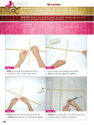 140
Miproyecto
SITUACIÓN: El viento es un recurso natural muy importante, no solo para la
recreación, sino también para el desarrollo científico y tecnológico, por ejemplo,
gracias al viento se pude producir energía eólica para generar luz eléctrica.
OBJETIVO: Fabricar una cometa, usando materiales de bajo costo, con el fin
de hacerla volar para verificar la fuerza del viento.
MATERIALES:
•	Piola blanca.
•	Trozos de tela.
•	Papel de seda.
•	Tijeras.
•	Sierra o cuchillo para cortar pan.
•	Pegamento.
•	Palos de carrizo.
Mi cometa
Con la sierra y con ayuda de un adulto,
corto los carrizos según las medidas.
Mido los carrizos de la siguiente forma:
2 de 50 cm, 2 de 37 cm y 2 de 29 cm.
Amarro los carrizos de 37 cm y de 29 cm a los
costados como se indica en la gráfica.
Formo una cruz con los carrizos de 50 cm
y amarro fuertemente con la piola para fijarla.
Paso 1: Paso 2:
Paso 3: Paso 4:
 