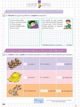EvaluaciÓn SUMATIVA
✄
Firma del representante
Total:
10
144
6.	 Analizo la tabla y escribo las cantidades equivalentes a las unidades de masa indicadas para cada figura.
Resuelve situaciones problémicas sencillas que requieran de la comparación de la masa de objetos del entorno,
de la conversión entre kilogramo y gramo, y la identificación de la libra como unidad de medida de masa.
2
ptos.
5.	 Resuelvo los siguientes problemas y completo las respuestas.
Resuelve situaciones problémicas sencillas que requieran de la estimación y comparación de capacidades
y la conversión entre la unidad de medida de capacidad y sus submúltiplos.
2
ptos.
a (arroba) = 16 oz (onzas) = g (gramos)
q (quintal) = 8 a (arrobas) = kg (kilogramos)
10 kg (kilogramos) g (gramos) dg (decagramos)
Un niño enfermo debe
tomar un remedio disuelto
en 2 litros de agua.
¿Cuántos mililitros debe
tomar en total?
Para llenar la jarra, se necesitan botellas.
Una botella de agua pequeña
tiene 250 mlde litro de capacidad
y la jarra tiene 1 litro. ¿Cuántas
botellas pequeñas se necesitan
para llenar la jarra?
 
