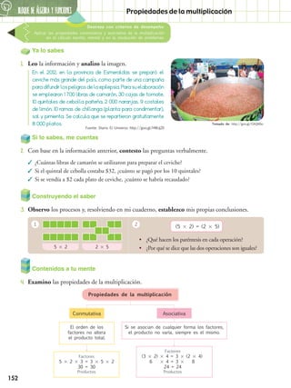 152
BLOQUE DE álGEBRA Y FUNCIONES6
Propiedades de la multiplicación
Ya lo sabes
1.	 Leo la información y analizo la imagen.	
Si lo sabes, me cuentas
2.	 Con base en la información anterior, contesto las preguntas verbalmente.
Construyendo el saber
3.	 Observo los procesos y, resolviendo en mi cuaderno, establezco mis propias conclusiones.
Contenidos a tu mente
4.	 Examino las propiedades de la multiplicación.
En el 2012, en la provincia de Esmeraldas se preparó el
ceviche más grande del país, como parte de una campaña
para difundir los peligros de la epilepsia. Para su elaboración
se emplearon 1 700 libras de camarón, 30 cajas de tomate,
10 quintales de cebolla paiteña, 2 000 naranjas, 9 costales
de limón, 10 ramas de chillanga (planta para condimentar),
sal y pimienta. Se calcula que se repartieron gratuitamente
8 000 platos.
✓✓ ¿Cuántas libras de camarón se utilizaron para preparar el ceviche?
✓✓ Si el quintal de cebolla costaba $32, ¿cuánto se pagó por los 10 quintales?
✓✓ Si se vendía a $2 cada plato de ceviche, ¿cuánto se habría recaudado?
Propiedades de la multiplicación
Conmutativa
El orden de los
factores no altera
el producto total.
Factores
5  2  3 = 3  5  2
30 = 30
Productos
Asociativa
Si se asocian de cualquier forma los factores,
el producto no varía, siempre es el mismo.
Factores
(3  2)  4 = 3  (2  4)
6  4 = 3  8
24 = 24
Productos
•• ¿Qué hacen los paréntesis en cada operación?
•• ¿Por qué se dice que las dos operaciones son iguales?
1 2
(5  2) = (2  5)
5  2 2  5
Destreza con criterios de desempeño:
Aplicar las propiedades conmutativa y asociativa de la multiplicación
en el cálculo escrito, mental y en la resolución de problemas.
Tomado de: http://goo.gl/OAQNSo
Fuente: Diario El Universo http://goo.gl/HWJjZ0
 