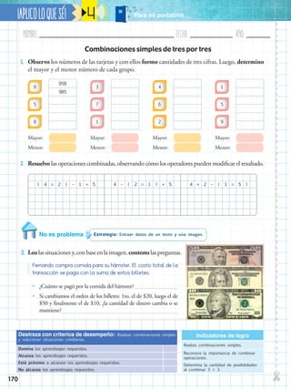 Nombre:	 Fecha:	año:	
✄
¡APLICOLOQUESÉ!
170
4
Combinaciones simples de tres por tres
1.	 Observo los números de las tarjetas y con ellos formo cantidades de tres cifras. Luego, determino
el mayor y el menor número de cada grupo.
2.	 Resuelvo las operaciones combinadas, observando cómo los operadores pueden modificar el resultado.
Estrategia: Extraer datos de un texto y una imagen.No es problema
3.	 Leo las situaciones y, con base en la imagen, contesto las preguntas.
Destreza con criterios de desempeño: Realizar combinaciones simples
y solucionar situaciones cotidianas.
Domina los aprendizajes requeridos.
Alcanza los aprendizajes requeridos.
Está próximo a alcanzar los aprendizajes requeridos.
No alcanza los aprendizajes requeridos.
Indicadores de logro
Realiza combinaciones simples.
Reconoce la importancia de combinar
operaciones.
Determina la cantidad de posibilidades
al combinar 3  3.
Fernando compra comida para su hámster. El costo total de la
transacción se paga con la suma de estos billetes.
•• ¿Cuánto se pagó por la comida del hámster?
•• Si cambiamos el orden de los billetes: 1ro. el de $20, luego el de
$50 y finalmente el de $10, ¿la cantidad de dinero cambia o se
mantiene?
( 4 44 – + ( 22 2 –)  (– 1 11 ) + + 55 5 )
958
985
9
5
8
Mayor:
Menor:
3
7
1
Mayor:
Menor:
4
6
2
Mayor:
Menor:
1
5
9
Mayor:
Menor:
Para mi portafolio
 