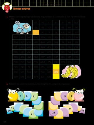 La vida es un ciclo
Mentes activas
184
1.	 Trazo el camino para llegar a la banana, empezando en el 7, contando de 7 en 7 y terminando en
el 700.
63 70 77 84 91 196 203
56 49 42 35 98 189 210
7 14 21 28 105 182 217
357 350 343 336 329 322 315 112 175 224
364 427 434 441 448 455 308 119 168 231
371 420 483 476 469 462 301 126 161 238
378 413 490 609 616 623 294 133 154 245
385 406 497 602 637 630 287 140 147 252
392 399 504 595 644 651 280 273 266 259
525 518 511 588 665 658
532 553 560 581 672 693 700
539 546 567 574 679 686
2.	 Resuelvo las sucesiones numéricas para completar los cuerpos de los gusanos.
3 6 9
21
33
36
26
46
22
34
 