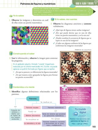 BLOQUE DE ÁLGEBRA Y FUNCIONES
6
185
Realiza más ejercicios con
patrones de figuras en:
http://goo.gl/cfNkLl
Tu mundo
digital
Si lo sabes, me cuentas
2.	 Observo los diagramas anteriores y contesto
verbalmente.
✓✓ ¿Qué tipo de figuras tienen ambas imágenes?
✓✓ ¿Por qué puede decirse que en una de ellas
existe un patrón matemático y en la otra no?
✓✓ ¿Puedes nombrar la secuencia de figuras que se
repite en una de las imágenes?
✓✓ ¿Cuáles son algunos atributos de las figuras que
conforman las imágenes mostradas?
Ya lo sabes
1.	 Observo las imágenes y determino en cuál
de ellas existe un patrón matemático.
Destreza con criterios de desempeño:
Construir patrones de figuras en base a sus atributos; y numéricos con base a la
suma, resta y multiplicación.
Describir y reproducir patrones numéricos crecientes con la suma y la multiplicación
Patrones de figuras y numéricos
Las matemáticas son consideradas
como la "ciencia del patrón"
debido a que cuando las funciones
matemáticas modelan secuencias
de números, estas forman
"patrones" reconocibles.
EXACTO
Contenidos a tu mente
4.	 Identifico algunas definiciones relacionadas con los
patrones.
Se clasifican en
Conjunto de
símbolos u
objetos que
se repiten de
una manera
predecible.
son
Patrones
Patrones numéricos crecientes
y decrecientes por la suma,
resta y multiplicación
Series de números que provienen
de operaciones matemáticas.
Patrones matemáticos
La naturaleza y el arte
Motivos decorativos
Patrones visuales
Pueden ser
Por ejemploSe encuentran en
son
Construyendo el saber
3.	 Leo la información y observo la imagen para contestar
las preguntas.
En el grabado adjunto, titulado "Lizards" (lagartijas),
realizado por el artista neerlandés M.C. Escher, se puede
apreciar un patrón formado por figuras que se repiten.
•• ¿En qué se parecen y se diferencian las figuras mostradas?
•• ¿De qué manera están agrupadas las figuras para formar
un patrón reconocible?
Tomado de: http://goo.gl/5htuaq
 