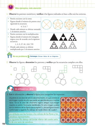 Más ejemplos, más atención
Estrategia: Extraer datos de un diagrama.No es problema
2.	 Observo las figuras, determino los patrones y verifico que las secuencias cumplan con ellos.
1.	 Observo los patrones numéricos y verifico si las figuras realizadas en base a ellos son las correctas.
ArteMe enlazo con
3.	 Leo la información y observo la figura para comprobar las respuestas.
Un patrón en una obra de arte se denomina motivo, el cual consiste en
una imagen o parte de ella que puede ser reproducida una o muchas
veces. Tal es el caso del ornamento egipcio antiguo cuya imagen
muestra un patrón fácilmente identificable. En esta imagen, ¿cuáles
son los atributos de las figuras que se repiten? y ¿de qué figuras estaría
conformada la siguiente fila debajo del borde inferior del cuadro?
Los atributos son las formas y los colores de las flores y los
remolinos representados.
La siguiente fila debajo del borde inferior del cuadro sería
la de una serie de remolinos.
a.
b.
•• Patrón creciente con la suma:
•• Figuras donde el número de puntos crece
siguiendo la secuencia:
4, 5, 6, 7
•• Donde cada número se obtiene sumando
1 al número anterior.
•• Patrón creciente con la multiplicación:
•• Figuras donde el número de triángulos
negros crece de acuerdo con la siguiente
secuencia:
1, 3, 9, 27, 81, 243, 729
•• Donde cada número se obtiene
multiplicando por 3 al número anterior.
186
 