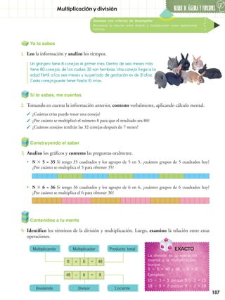 BLOQUE DE ÁLGEBRA Y FUNCIONES
6
187
Destreza con criterios de desempeño:
Reconocer la relación entre división y multiplicación como operaciones
inversas.
Multiplicación y división
Ya lo sabes
1.	 Leo la información y analizo los tiempos.
Contenidos a tu mente
4.	 Identifico los términos de la división y multiplicación. Luego, examino la relación entre estas
operaciones.
Un granjero tiene 8 conejas el primer mes. Dentro de seis meses más
tiene 80 conejos, de los cuales 32 son hembras. Una coneja llega a la
edad fértil a los seis meses y su período de gestación es de 31 días.
Cada coneja puede tener hasta 10 crías.
EXACTO
La división es la operación
inversa a la multiplicación,
porque
8  6 = 48 y 48  6 = 8.
Ejemplos:
15  3 = 5 porque 5  3 = 15
18  9 = 2 porque 9  2 = 18
Multiplicando
Dividendo
Multiplicador
Divisor
Producto total
Cociente
8  6 = 48
48  6 = 8
Construyendo el saber
3.	 Analizo los gráficos y contesto las preguntas oralmente.
•• N  5 = 35 Si tengo 35 cuadrados y los agrupo de 5 en 5, ¿cuántos grupos de 5 cuadrados hay?
¿Por cuánto se multiplica el 5 para obtener 35?
•• N  6 = 36 Si tengo 36 cuadrados y los agrupo de 6 en 6, ¿cuántos grupos de 6 cuadrados hay?
¿Por cuánto se multiplica el 6 para obtener 36?
Si lo sabes, me cuentas
2.	 Tomando en cuenta la información anterior, contesto verbalmente, aplicando cálculo mental.
✓✓ ¿Cuántas crías puede tener una coneja?
✓✓ ¿Por cuánto se multiplicó el número 8 para que el resultado sea 80?
✓✓ ¿Cuántos conejos tendrán las 32 conejas después de 7 meses?
 