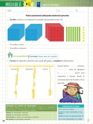 34
Nombre:	 Fecha:	año:	
✄
¡APLICOLOQUESÉ! Para mi portafolio4
Indicadores de logro
Lee el valor de un ábaco.
Reconoce el valor representado en una
taptana.
Identifica el valor en material de base 10.
Lee el valor representado en un quipu.
Destreza con criterio de desempeño: Reconocer el valor posicional
de números naturales de hasta cuatro cifras con base en la composición y
descomposición de unidades, decenas, centenas y, unidades de mil; con el uso de
material concreto y con representación simbólica.
Domina los aprendizajes requeridos.
Alcanza los aprendizajes requeridos.
Está próximo a alcanzar los aprendizajes requeridos.
No alcanza los aprendizajes requeridos.
Valor posicional utilizando material concreto
Estrategia: Extraer datos de un gráfico.No es problema
2.	 Cuento de izquierda a derecha cada cuerda del quipu y completo la información.
1.	 Escribo en letras y en números la cantidad representada en base 10.
•• Se escribe en letras:
•• Se escribe en números:
Juanita fabricó ponchos,
pares de alpargatas
y anacos para
exportarlos a Europa, donde la
vestimenta típica de Ecuador es muy
apreciada.
Ponchos Alpargartas Anacos
 