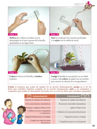 Miproyecto
43
Evalúo el proyecto que acabo de realizar. En la sección Autoevaluación, pongo un ✓ en los
ítems que considero haberlos cumplido. En la sección Coevaluación, pido a un compañero o
compañera que evalúe mi desempeño marcando con un ✓ en los ítems que considere apropiados.
Autoevaluación Coevaluación
Fomenté el cuidado del ambiente. Fomentó el cuidado del ambiente.
Usé conocimientos matemáticos. Reconoció contenidos matemáticos.
Prediqué y apliqué el Buen Vivir. Aplicó el Buen Vivir.
Colaboré con mis compañeros
y compañeras.
Colaboró en la ejecución del proyecto.
Organicé eficientemente mi trabajo. Organizó recursos y tiempo.
Cumplí con todos los pasos
del proyecto.
Cumplió los pasos con entusiasmo.
Paso 5: Paso 6:
Paso 7: Paso 8:
Paso la cuerda por los extremos perforados
y la sujeto con la rodela de metal.
Perforo dos orificios circulares con el
desarmador en el otro extremo de la botella,
apoyándola en un lugar firme.
Cuelgo la botella en una pared o en un árbol
y junto a ella coloco un papel con mi nombre
para mostrar la relación de correspondencia.
Coloco la tierra en la botella y siembro
la planta.
 