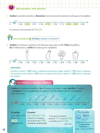 Más ejemplos, más atención
52
Lengua y LiteraturaMe enlazo con
3.	 Analizo la semirrecta numérica y leo el acertijo y el poema. Luego, descifro el acertijo
y completo el verso remplazando los números por las palabras que les corresponden
en la semirrecta.
Información:
Doménica sembró 1 485 metros cuadrados de berenjena, Miguel sembró 1 185 metros cuadrados
de zanahoria, Anita sembró 1 685 metros cuadrados de brócoli y Roberto 1 885 metros cuadrados
de pimiento.
1.	 Analizo la sucesión numérica y determino si son correctos los números con los que se la completó.
La semirrecta está expresada de 25 en 25.
0 5 625 5 650 5 700 5 775 5 8255 675 5 7505 725 5 800 5 850
Estrategia: Completar la información.No es problema
2.	 Analizo la semirrecta numérica y los alimentos que están en ella. Pinto los gráficos,
leo la información y verifico los datos que la completan.
0 1 085 1 185 1 385 1 685 1 8851 285 1 5851 485 1 785 1 985
Besa
Zanahoria
Berejena
Lim
onada
Col
Reza
Rem
olacha
Linaza
0 9 160 9 170 9 190 9 220 9 2409 180 9 2109 200 9 230 9 250
El poema:
La 9 180 y la 9 190,
cantan en la verbena,
con un poco de 9 200,
amanecen encebolladas.
Y muy por la mañana,
entra en 9 210 era la 9 230,
y se baña con la 9 240.
Pablo Allan
Descubre más sobre
la semirrecta
numérica en:
http://goo.gl/CHMqm
Tu mundo
digital
El acertijo:
La A, anda. La B,
besa y la C,
9 220.
¿Qué fruta es?
 