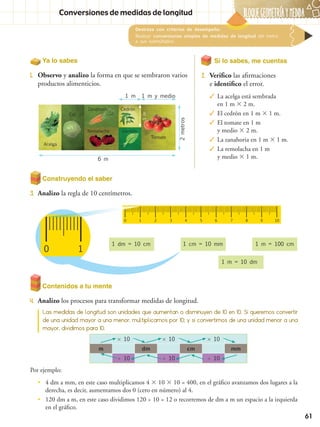 BLOQUEGEOMetríaymedida
61
Conversiones de medidas de longitud
Destreza con criterios de desempeño:
Realizar conversiones simples de medidas de longitud del metro
a sus submúltiplos.
Ya lo sabes
1.	 Observo y analizo la forma en que se sembraron varios
productos alimenticios.
Si lo sabes, me cuentas
2.	 Verifico las afirmaciones
e identifico el error.
✓✓ La acelga está sembrada
en 1 m  2 m.
✓✓ El cedrón en 1 m  1 m.
✓✓ El tomate en 1 m
y medio  2 m.
✓✓ La zanahoria en 1 m  1 m.
✓✓ La remolacha en 1 m
y medio  1 m.
Construyendo el saber
3.	 Analizo la regla de 10 centímetros.
Contenidos a tu mente
4.	 Analizo los procesos para transformar medidas de longitud.
 10  10  10
m dm cm mm
 10  10  10
Por ejemplo:
•• 4 dm a mm, en este caso multiplicamos 4  10  10 = 400, en el gráfico avanzamos dos lugares a la
derecha, es decir, aumentamos dos 0 (cero en número) al 4.
•• 120 dm a m, en este caso dividimos 120 ÷ 10 = 12 o recorremos de dm a m un espacio a la izquierda
en el gráfico.
Las medidas de longitud son unidades que aumentan o disminuyen de 10 en 10. Si queremos convertir
de una unidad mayor a una menor, multiplicamos por 10; y si convertimos de una unidad menor a una
mayor, dividimos para 10.
0 1 2 3 4 5 6 7 8 9 10
0 1
1 dm = 10 cm
1 m
6 m
1 m y medio
2metros
1 cm = 10 mm 1 m = 100 cm
1 m = 10 dm
Acelga
Col
Zanahoria Cedrón
Tomate
Remolacha Llantén
1m
 