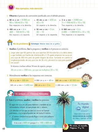 62
Más ejemplos, más atención
Ciencias NaturalesMe enlazo con
Estrategia: Obtener datos de un gráfico.
2.	 Analizo el problema, leo la pregunta y verifico si el proceso es correcto.
3.	 Mentalmente verifico si las respuestas son correctas.
4.	 Leo el problema, analizo y verifico los procesos.
El agua de coco es útil para hidratar y también es un
antioxidante natural, ya que posee zinc y selenio.
Los árboles en los que se dan los cocos se llaman
palmeras, y su longitud puede ser de hasta 6 metros.
•• ¿Cuántos centímetros puede llegar a tener una palmera
de cocos?
1.	 Observo el proceso de conversión justificado con el debido proceso.
30 cm
a.	80 m a cm = 8 000 cm
80  100(10  10)
Dos espacios a la derecha.
b.	400 cm a m = 4 m
400 ÷ 100(10  10)
Dos espacios a la izquierda.
c.	 43 dm a cm = 430 cm
43  10
Un espacio a la derecha.
d.	 50 mm a cm = 5 cm
50 ÷ 10
Un espacio a la izquierda.
e.	 3 m a mm = 3 000 mm
3  1 000(10  10  10)
Tres espacios a la derecha.
f.	 6 000 mm a m = 6 m
6 000 ÷ 1 000(10  10  10)
Tres espacios a la izquierda.
Jorge sabe que 100 gramos de yuca aportan 120 kilocalorías a la dieta diaria
y que también son fuente de vitaminas B6 y C. Él quiere empacar las yucas en
una caja de 350 mm, pero sin partir ninguna de ellas. Tomando en cuenta la
longitud promedio de una yuca (es de 30 cm), ¿alcanza la caja para guardar
las yucas?
Sí alcanza e incluso sobran 50 mm de espacio, porque
30 cm a mm = 300 mm, ya que se multiplica 30  10.
Descubre más sobre
conversiones de medida
en: http://goo.gl/qTFAF
Tu mundo
digital
50 m a dm = 500 dm 4 000 cm a m = 40 m 600 dm a mm = 60 000 mm
345 cm a mm = 3 450 mm 200 cm a m = 2 m 1 200 mm a dm = 12 dm
6 m a cm = 600 cm porque 6  100 = 600 cm.
No es problema
Mi casa, mi escuela.
Páginas 71 y 72.
 