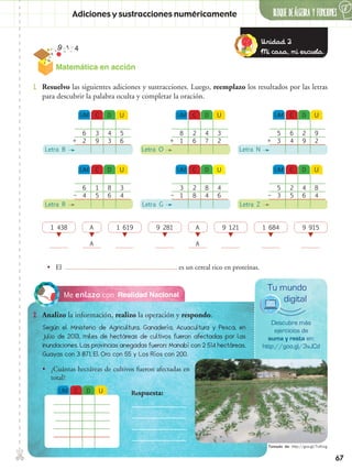 ✄ 6
BLOQUE DEÁlgebra Y FUNCIONES
67
Matemática en acción
Adiciones y sustracciones numéricamente
Realidad NacionalMe enlazo con
2.	 Analizo la información, realizo la operación y respondo.
1.	 Resuelvo las siguientes adiciones y sustracciones. Luego, reemplazo los resultados por las letras
para descubrir la palabra oculta y completar la oración.
•• El es un cereal rico en proteínas.
D
D
C
C
UM
UM
U
U
4
3
3
9
6
2
5
6+
Letra B
DCUM U
8
6
1
5
6
4
3
4–
Letra R
DCUM U
4
7
2
6
8
1
3
2+
Letra O
DCUM U
8
4
2
8
3
1
4
6–
Letra G
DCUM U
2
9
6
4
5
3
9
2+
Letra N
DCUM U
4
6
2
5
5
3
8
4–
Letra Z
A A
A A
Descubre más
ejercicios de
suma y resta en:
http://goo.gl/3vJCd
Tu mundo
digital
Según el Ministerio de Agricultura, Ganadería, Acuacultura y Pesca, en
julio de 2013, miles de hectáreas de cultivos fueron afectadas por las
inundaciones. Las provincias anegadas fueron: Manabí con 2 514 hectáreas,
Guayas con 3 871, El Oro con 55 y Los Ríos con 200.	
•• ¿Cuántas hectáreas de cultivos fueron afectadas en
total?
Respuesta:
1 438 1 619 9 281 9 121 1 684 9 915
Unidad 2
Mi casa, mi escuela.
Tomado de: http://goo.gl/TsAnzg
 