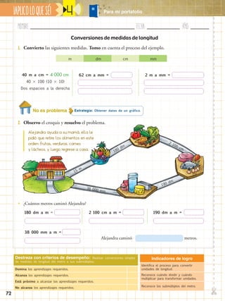 Nombre:	 Fecha:	año:	
✄
¡APLICOLOQUESÉ! Para mi portafolio
72
4
Destreza con criterios de desempeño: Realizar conversiones simples
de medidas de longitud del metro a sus submúltiplos.
Domina los aprendizajes requeridos.
Alcanza los aprendizajes requeridos.
Está próximo a alcanzar los aprendizajes requeridos.
No alcanza los aprendizajes requeridos.
Indicadores de logro
Identifica el proceso para convertir
unidades de longitud.
Reconoce cuándo dividir y cuándo
multiplicar para transformar unidades.
Reconoce los submúltiplos del metro.
2.	 Observo el croquis y resuelvo el problema.
Conversiones de medidas de longitud
1.	 Convierto las siguientes medidas. Tomo en cuenta el proceso del ejemplo.
40 m a cm = 4 000 cm
40  100 (10  10)
Dos espacios a la derecha
m		dm		cm		mm
62 cm a mm = 2 m a mm =
180 dm a m =
38 000 mm a m =
2 100 cm a m = 190 dm a m =
•• ¿Cuántos metros caminó Alejandra?
Alejandra caminó metros.
Alejandra ayuda a su mamá, ella le
pidió que retire los alimentos en este
orden: frutas, verduras, carnes
y lácteos, y luego regrese a casa. 180
dm
2 100 cm
190 dm
38 000 mm
15 m
No es problema Estrategia: Obtener datos de un gráfico.
 