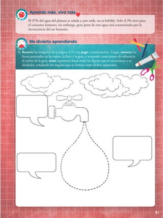 Me divierto aprendiendo
Aprendo más, vivo más
81
1.	Recorto las imágenes de la página 213 y las pego a continuación. Luego, remarco las
líneas punteadas de las nubes, la llave y la gota, y tomando como punto de referencia
el centro de la gota, trazo segmentos hacia todas las figuras que se encuentran a su
alrededor, señalando los ángulos que se forman entre dichos segmentos.
El 97% del agua del planeta es salada y, por ende, no es bebible. Solo el 3% sirve para
el consumo humano; sin embargo, gran parte de esta agua está contaminada por la
inconciencia del ser humano.
 