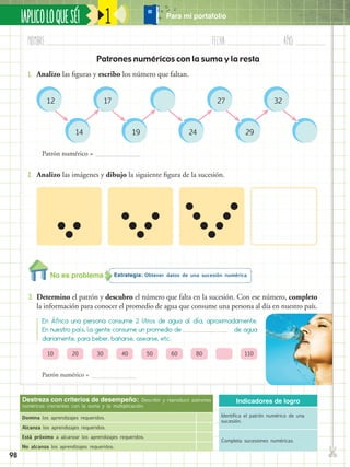 Nombre:	 Fecha:	año:	
✄
¡APLICOLOQUESÉ! Para mi portafolio
98
1
Patrones numéricos con la suma y la resta
1.	 Analizo las figuras y escribo los número que faltan.
2.	 Analizo las imágenes y dibujo la siguiente figura de la sucesión.
Estrategia: Obtener datos de una sucesión numérica.
3.	 Determino el patrón y descubro el número que falta en la sucesión. Con ese número, completo
la información para conocer el promedio de agua que consume una persona al día en nuestro país.
Destreza con criterios de desempeño: Describir y reproducir patrones
numéricos crecientes con la suma y la multiplicación.
Domina los aprendizajes requeridos.
Alcanza los aprendizajes requeridos.
Está próximo a alcanzar los aprendizajes requeridos.
No alcanza los aprendizajes requeridos.
Indicadores de logro
Identifica el patrón numérico de una
sucesión.
Completa sucesiones numéricas.
En África una persona consume 2 litros de agua al día, aproximadamente.
En nuestro país, la gente consume un promedio de 	 de agua
diariamente, para beber, bañarse, asearse, etc.
10 20 30 40 50 60 80 110
Patrón numérico =
Patrón numérico =
32
29
27
2419
17
14
12
No es problema
 
