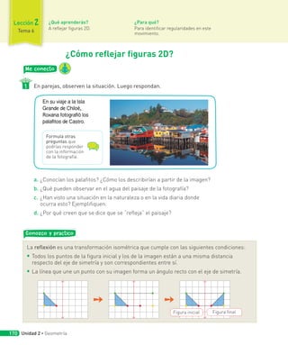 Me conecto
En parejas, observen la situación. Luego respondan.
En su viaje a la Isla
Grande de Chiloé,
Roxana fotografió los
palafitos de Castro.
a. ¿Conocían los palafitos? ¿Cómo los describirían a partir de la imagen?
b. ¿Qué pueden observar en el agua del paisaje de la fotografía?
c. ¿Han visto una situación en la naturaleza o en la vida diaria donde
ocurra esto? Ejemplifiquen.
d. ¿Por qué creen que se dice que se “refleja” el paisaje?
Conozco y practico
La reflexión es una transformación isométrica que cumple con las siguientes condiciones:
◾ Todos los puntos de la figura inicial y los de la imagen están a una misma distancia
respecto del eje de simetría y son correspondientes entre sí.
◾ La línea que une un punto con su imagen forma un ángulo recto con el eje de simetría.
1
¿Cómo reflejar figuras 2D?
Figura final
Figura inicial
Formula otras
preguntas que
podrías responder
con la información
de la fotografía.
Unidad 2 ∙ Geometría
170
¿Qué aprenderás?
A reflejar figuras 2D.
¿Para qué?
Para identificar regularidades en este
movimiento.
Lección 2
Tema 6
 