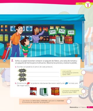 Inicio Unidad
1
2. Sofía y su papá necesitan comprar un paquete de fideos, una salsa de tomate y
un paquete de harina para el almuerzo. Observa los precios y realiza lo pedido.
a. Escribe con palabras el precio de cada producto.
$459
$349
$699
b. Encierra con el producto más barato (de menor valor) y con el más caro
(de mayor valor).
¿Escribiste con letra clara y ordenada y aplicaste tu creatividad
al momento de responder las preguntas?
¿Leí y escribí
correctamente números
hasta 1000?
¿Comparé correctamente
números hasta 1000?
Matemática • 4.º básico 17
 
