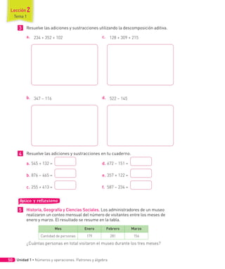 3 Resuelve las adiciones y sustracciones utilizando la descomposición aditiva.
a. 234 + 352 + 102
b. 347 – 116
c. 128 + 309 + 215
d. 522 – 145
4 Resuelve las adiciones y sustracciones en tu cuaderno.
a. 545 + 132 =
b. 876 – 465 =
c. 255 + 413 =
d. 672 – 151 =
e. 357 + 122 =
f. 587 – 234 =
Aplico y reflexiono
5 Historia, Geografía y Ciencias Sociales. Los administradores de un museo
realizaron un conteo mensual del número de visitantes entre los meses de
enero y marzo. El resultado se resume en la tabla.
Mes Enero Febrero Marzo
Cantidad de personas 179 281 156
¿Cuántas personas en total visitaron el museo durante los tres meses?
Lección 2
Tema 1
Unidad 1 ∙ Números y operaciones. Patrones y álgebra
50
 
