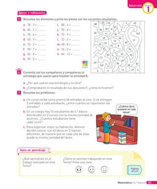 Unidad
1
Desarrollo
Aplico y reflexiono
5 Resuelve las divisiones y pinta las piezas con los cocientes resultantes.
Diario de aprendizaje
¿Qué aprendiste en el
trabajo realizado en este
Tema?
¿Cómo te sentiste trabajando en este
Tema? Pinta una cara.
Páginas
40 y 41
a. 78 : 3 =
b. 46 : 2 =
c. 78 : 6 =
d. 45 : 9 =
e. 76 : 2 =
f. 98 : 7 =
g. 56 : 8 =
h. 90 : 5 =
i. 88 : 4 =
j. 90 : 6 =
k. 72 : 9 =
l. 72 : 6 =
m. 48 : 8 =
n. 96 : 2 =
ñ. 84 : 12 =
6 Comenta con tus compañeros y compañeras la
estrategia que usaron para resolver la actividad 5.
a. ¿Por qué usaron esa estrategia y no otra?
b. ¿Comprobaron el resultado de sus divisiones?, ¿cómo lo hicieron?
7 Resuelve los problemas.
a. Un curso recibe como premio 54 entradas al cine. Si se entregan
2 entradas a cada estudiante, ¿entre cuántos se repartieron las
entradas?
b. En un colegio hay 76 estudiantes de 4.° básico
distribuidos en 2 cursos con la misma cantidad de
alumnos. ¿Cuántos estudiantes tiene
cada curso?
c. Para organizar mejor su habitación, Antonio
decidió colocar sus 63 libros en 3 repisas
diferentes, de manera que en cada una de ellas
quede la misma cantidad de libros.
¿Cuántos libros
quedarán en cada
repisa?
¡A jugar!
Matemática • 4.º básico 83
 