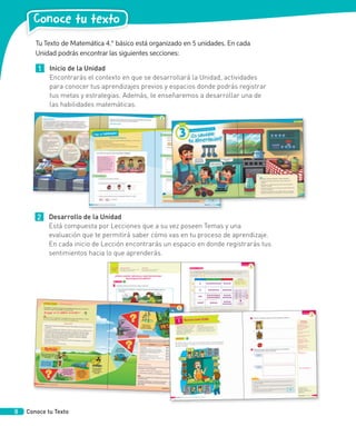 2 Desarrollo de la Unidad
Está compuesta por Lecciones que a su vez poseen Temas y una
evaluación que te permitirá saber cómo vas en tu proceso de aprendizaje.
En cada inicio de Lección encontrarás un espacio en donde registrarás tus
sentimientos hacia lo que aprenderás.
Tu Texto de Matemática 4.° básico está organizado en 5 unidades. En cada
Unidad podrás encontrar las siguientes secciones:
1 Inicio de la Unidad
Encontrarás el contexto en que se desarrollará la Unidad, actividades
para conocer tus aprendizajes previos y espacios donde podrás registrar
tus metas y estrategias. Además, te enseñaremos a desarrollar una de
las habilidades matemáticas.
Conoce tu texto
8 Conoce tu Texto
 