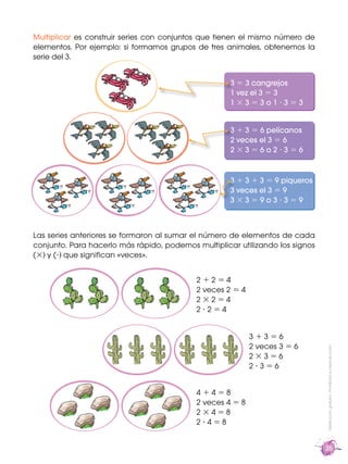 Multiplicar es construir series con conjuntos que tienen el mismo número de
elementos. Por ejemplo: si formamos grupos de ...