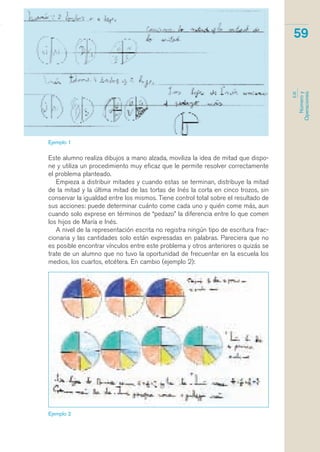 Este alumno realiza dibujos a mano alzada, moviliza la idea de mitad que dispo-
ne y utiliza un procedimiento muy eficaz que le permite resolver correctamente
el problema planteado.
Empieza a distribuir mitades y cuando estas se terminan, distribuye la mitad
de la mitad y la última mitad de las tortas de Inés la corta en cinco trozos, sin
conservar la igualdad entre los mismos. Tiene control total sobre el resultado de
sus acciones: puede determinar cuánto come cada uno y quién come más, aun
cuando solo exprese en términos de “pedazo” la diferencia entre lo que comen
los hijos de María e Inés.
A nivel de la representación escrita no registra ningún tipo de escritura frac-
cionaria y las cantidades solo están expresadas en palabras. Pareciera que no
es posible encontrar vínculos entre este problema y otros anteriores o quizás se
trate de un alumno que no tuvo la oportunidad de frecuentar en la escuela los
medios, los cuartos, etcétera. En cambio (ejemplo 2):
59
EJE
Númeroy
Operaciones
Ejemplo 1
Ejemplo 2
matematica.qxd 5/3/07 5:56 PM Page 59
 