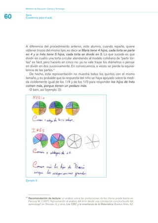 A diferencia del procedimiento anterior, este alumno, cuando reparte, quiere
obtener trozos del mismo tipo, es decir si María tiene 4 hijos, cada torta se parte
en 4 y si Inés tiene 5 hijos, cada torta se divide en 5. Lo que sucede es que
dividir en cuatro una torta circular atendiendo al modelo cotidiano de “partir tor-
tas” es fácil, pero hacerlo en cinco no: ya no vale trazar los diámetros o pensar
en dividir en dos sucesivamente. En consecuencia, a veces se pierde la equiva-
lencia de las partes.17
De hecho, esta representación no muestra todos los quintos con el mismo
tamaño, y es probable que la respuesta del niño se haya apoyado sobre la medi-
da visiblemente igual de los 1/4 y de los 1/5 para responder los hijos de Inés
comen más, porque tienen un pedazo más.
O bien, así (ejemplo 3):
Ministerio de Educación, Ciencia y Tecnología
60 Serie
Cuadernos para el aula
17
Recomendación de lectura: un análisis sobre las producciones de los chicos puede leerse en
Panizza, M. (1997), “Aproximación al análisis del error desde una concepción constructivista del
aprendizaje”, en Bressan, A. y otros, Los CBC y la enseñanza de la Matemática, Buenos Aires, AZ.
Ejemplo 3
matematica.qxd 5/3/07 5:56 PM Page 60
 