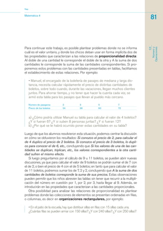 Para continuar este trabajo, es posible plantear problemas donde no se informa
cuál es el valor unitario, y donde los chicos deban usar en forma implícita dos de
las propiedades que caracterizan a las relaciones de proporcionalidad directa:
Al doble de una cantidad le corresponde el doble de la otra y A la suma de dos
cantidades le corresponde la suma de las cantidades correspondientes. Si pro-
ponemos estos problemas con las cantidades presentadas en tablas, facilitamos
el establecimiento de estas relaciones. Por ejemplo:
• Manuel, el encargado de la boletería de pasajes de mediana y larga dis-
tancia, necesita calcular rápidamente el precio de distintas cantidades de
boletos, sobre todo cuando, durante las vacaciones, llegan muchos clientes
juntos. Para ahorrar tiempo, y no tener que hacer la cuenta cada vez, se
armó esta tabla para los pasajes que llevan al pueblo más cercano.
Número de pasajeros 2 3 5 7
Precio de los boletos 24 36 60 72
a) ¿Cómo podría utilizar Manuel su tabla para calcular el valor de 4 boletos?
¿Y si fueran 6? ¿Y si suben 8 personas juntas? ¿Y si fueran 12?
b) ¿Por qué se le habrá ocurrido poner estas cantidades en su tabla?
Luego de que los alumnos resolvieron esta situación, podemos centrar la discusión
en cómo se obtuvieron los resultados: Si conozco el precio de 2, para calcular el
de 4 duplico el precio de 2 boletos. Si conozco el precio de 3 boletos, lo dupli-
co para conocer el de 6, etc., concluyendo que Si los valores de una de las can-
tidades se duplican, triplican, etc., los valores correspondientes a la otra canti-
dad sufren el mismo efecto.
Si luego preguntamos por el cálculo de 9 u 11 boletos, se pueden abrir nuevas
discusiones, ya que para calcular el valor de 9 boletos se podrán sumar el de 7 con
el de 2, o bien el precio de 4 con el de 5 boletos; en tanto que para calcular el valor
de 11 boletos, podremos sumar los de 7, 2 y 2, concluyendo que A la suma de dos
cantidades de boletos corresponde la suma de sus precios. Estas observaciones
pueden permitir que los niños abrevien las tablas sin tener que recurrir a la multipli-
cación del número en cuestión por 1, por 2, por 3, hasta llegar al 9. Además, se
introducirán en las propiedades que caracterizan a las cantidades proporcionales.
Otra posibilidad para analizar las relaciones de proporcionalidad es plantear
problemas donde las colecciones de elementos se presentan ordenadas en filas,
o columnas, es decir en organizaciones rectangulares, por ejemplo:
• En el patio de la escuela, hay que distribuir sillas en filas con 15 sillas cada una.
¿Cuántas filas se pueden armar con 150 sillas? ¿Y con 240 sillas? ¿Y con 250 sillas?
Matemática 4
Nap
81
EJE
Númeroy
Operaciones
matematica.qxd 5/3/07 5:56 PM Page 81
 