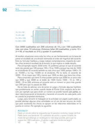 Con 3000 cuadraditos son 200 columnas de 15 y con 150 cuadraditos
más, son otras 10 columnas. Entonces faltan 50 cuadraditos, y como 15 x
3 = 45, el resultado es 213 y quedan 5 cuadraditos.
Al resolver situaciones como esta, los niños se van familiarizando con la tarea de
prever el resultado de una división estimando el orden de magnitud del cociente.
Esto es, formulan hipótesis, y luego realizan comprobaciones, respecto de cuán-
tas cifras tendrá el resultado de la división, lo que implica un doble desafío.
Para el ejemplo repartir 3200 entre 15, podemos pensar en que el cociente
será más grande que 100, porque 100 x 15 es 1500 y porque hay más de 1500
en el dividendo. El cociente también es más chico que 1000, porque 1000 x 15
es 15.000 y no hay 15.000 en el dividendo. Por lo tanto, el cociente de
3200 : 15 es mayor que 100 y menos que 1000, es decir que tiene tres cifras.
Para comprobar que tiene 3 cifras pueden pensar que 3200 es un poco más
que 3000 y que 3000 es el doble de 1500. Como 1500 : 15 es 100 y
3000 : 15 es 200, entonces el cociente será un número un poco más grande
que 200 pero que no pasará de 300.
No se trata de adivinar, sino de poner en juego y formular algunas hipótesis
que posiblemente se venían usando desde el Primer Ciclo respecto de la divi-
sión, por ejemplo que para dividir un número es posible hacerlo por partes, es
decir descomponiendo el dividendo y haciendo el cociente de cada parte, esto
es usando la propiedad distributiva.
Luego, para reinvertir lo trabajado en la actividad con papel cuadriculado, es
posible plantear algunas otras actividades sin el uso de ese recurso, de modo
que para resolverlas los chicos se apoyen en las relaciones elaboradas en la
puesta en común. Por ejemplo, la siguiente:
Actividad 3
Hacé un círculo sobre la respuesta que te parezca correcta y luego verificá.
Pablo tiene una banda de 12 cuadrados de ancho y quiere cortarla, de
modo tal que obtenga un rectángulo lo más largo posible, pero que no
supere los 168 cuadrados. ¿Cuántos cuadrados tendrá de largo?
10 66 5 12 80
Ministerio de Educación, Ciencia y Tecnología
92 Serie
Cuadernos para el aula
matematica.qxd 5/3/07 5:56 PM Page 92
 