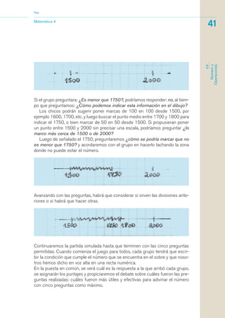 Si el grupo preguntara: ¿Es menor que 1750?, podríamos responder: no, al tiem-
po que preguntamos: ¿Cómo podemos indicar esta información en el dibujo?
Los chicos podrán sugerir poner marcas de 100 en 100 desde 1500, por
ejemplo 1600, 1700, etc. y luego buscar el punto medio entre 1700 y 1800 para
indicar el 1750, o bien marcar de 50 en 50 desde 1500. Si propusieran poner
un punto entre 1500 y 2000 sin precisar una escala, podríamos preguntar ¿lo
marco más cerca de 1500 o de 2000?
Luego de señalado el 1750, preguntaremos ¿cómo se podría marcar que no
es menor que 1750? y acordaremos con el grupo en hacerlo tachando la zona
donde no puede estar el número.
Matemática 4
Nap
41
EJE
Númeroy
Operaciones
Avanzando con las preguntas, habrá que considerar si sirven las divisiones ante-
riores o si habrá que hacer otras.
Continuaremos la partida simulada hasta que terminen con las cinco preguntas
permitidas. Cuando comienza el juego para todos, cada grupo tendrá que escri-
bir la condición que cumple el número que se encuentra en el sobre y que noso-
tros hemos dicho en voz alta en una recta numérica.
En la puesta en común, se verá cuál es la respuesta a la que arribó cada grupo,
se asignarán los puntajes y propiciaremos el debate sobre cuáles fueron las pre-
guntas realizadas: cuáles fueron más útiles y efectivas para adivinar el número
con cinco preguntas como máximo.
matematica.qxd 5/3/07 5:56 PM Page 41
 