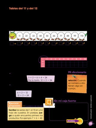 Tablas del 11 y del 12
Al construir las tablas de multiplicar se generan series; algunas pueden ser más
sencillas de memor...