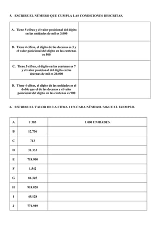 5. ESCRIBE EL NÚMERO QUE CUMPLA LAS CONDICIONES DESCRITAS.
A. Tiene 5 cifras y el valor posicional del dígito
en las unidades de mil es 3.000
B. Tiene 4 cifras, el dígito de las decenas es 3 y
el valor posicional del dígito en las centenas
es 500
C. Tiene 5 cifras, el dígito en las centenas es 7
y el valor posicional del dígito en las
decenas de mil es 20.000
D. Tiene 4 cifras, el dígito de las unidades es el
doble que el de las decenas y el valor
posicional del dígito en las centenas es 900
6. ESCRIBE EL VALOR DE LA CIFRA 1 EN CADA NÚMERO. SIGUE EL EJEMPLO.
A 1.383 1.000 UNIDADES
B 12.736
C 713
D 31.333
E 718.900
F 1.542
G 81.345
H 918.020
I 45.128
J 771.989
 