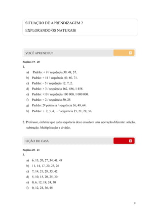 9
Páginas 19 - 20
1.
a) Padrão: + 9 / sequência 39, 48, 57.
b) Padrão: + 11 / sequência 49, 60, 71.
c) Padrão: – 5 / sequência 12, 7, 2.
d) Padrão: × 3 / sequência 162, 486, 1 458.
e) Padrão: ×10 / sequência 100 000, 1 000 000.
f) Padrão: ÷ 2 / sequência 50, 25.
g) Padrão: 2ª potência / sequência 36, 49, 64.
h) Padrão: + 2, 3, 4, ... / sequência 15, 21, 28, 36.
2. Professor, enfatize que cada sequência deve envolver uma operação diferente: adição,
subtração. Multiplicação e divisão.
Páginas 20 - 21
3.
a) 6, 13, 20, 27, 34, 41, 48
b) 11, 14, 17, 20, 23, 26
c) 7, 14, 21, 28, 35, 42
d) 5, 10, 15, 20, 25, 30
e) 0, 6, 12, 18, 24, 30
f) 0, 12, 24, 36, 48
SITUAÇÃO DE APRENDIZAGEM 2
EXPLORANDO OS NATURAIS
 