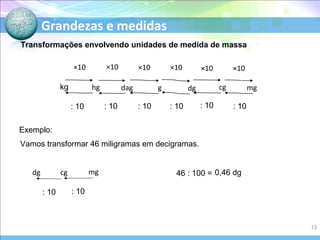 Grandezas e medidas
Transformações envolvendo unidades de medida de massa
Exemplo:
Vamos transformar 46 miligramas em decigramas.
dg cg mg
: 10 : 10
46 : 100 = 0,46 dg
kg hg dag g dg cg mg
×10 ×10 ×10 ×10 ×10 ×10
: 10: 10: 10: 10: 10: 10
13
 