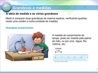 Grandezas e medidas
Medir é comparar duas grandezas de mesma espécie, verificando quantas
vezes uma contém a outra (unidade de medida).
Grandeza comprimento
A medida do comprimento do
tampo, pode ser medida pelo palmo
da mão, ou por uma régua, fita
métrica, etc.
A ideia de medida e as várias grandezas
unidade
1 cm
MAUROSOUZA/ARQUIVODAEDITORA
PAULO MANZI / ARQUIVO DA EDITORA
6
 