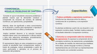 COMPETENCIA:
RESUELVE PROBLEMAS DE CANTIDAD.
Consiste en que el estudiante solucione problemas o
plantee nuevos que le demanden construir y
comprender las nociones de número, de sistemas
numéricos, sus operaciones y propiedades.
Además, dotar de significado a estos conocimientos
en la situación y usarlos para representar o reproducir
las relaciones entre sus datos y condiciones.
Implica también discernir si la solución buscada
requiere darse como una estimación o cálculo exacto,
y para esto selecciona estrategias, procedimientos,
unidades de medida y diversos recursos.
El razonamiento lógico en esta competencia es usado
cuando el estudiante hace comparaciones, explica a
través de analogías, induce propiedades a partir de
casos particulares o ejemplos, en el proceso de
resolución del problema.
1.Traduce cantidades a expresiones numéricas: Es
transformar las relaciones entre los datos y
condiciones de un problema, a una expresión
numérica
Es plantear problemas a partir de una situación o una
expresión numérica dada. También implica evaluar si
el resultado obtenido o la expresión numérica.
2.Comunica su comprensión sobre los números y
las operaciones: Es expresar la comprensión de los
conceptos numéricos, las operaciones y propiedades,
las unidades de medida, las relaciones que establece
entre ellos; usando lenguaje numérico y diversas
representaciones; así como leer sus representaciones
e información con contenido numérico.
Capacidades:
 