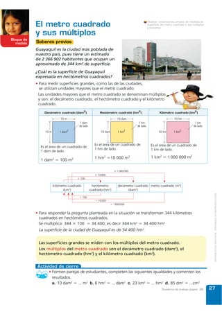 Unidad de superficie
                                                                                           Reconocer la unidad básica de medidas
                                                                                           de superficie y sus submúltiplos.


            y sus submúltiplos
Bloque de
   medida   Saberes previos
            Patricia quiere colocar vidrio en un cuadro. Si
            el cuadro tiene una fotografía de 10 cm de                    7 cm
            largo y 7 cm de ancho. ¿Qué superficie debe
            tener el vidrio en milímetros cuadrados?
            Para calcular la medida de la superficie del
            vidrio para el portarretratos, se analiza que:                                      10 cm
             La medida de una superficie se llama área.
             La unidad principal de medida de superficie es el metro cuadrado. Se escribe m2.
             Para medir superficies pequeñas se utilizan unidades menores que el metro cuadrado.

             Decímetro cuadrado (dm2) Centímetro cuadrado (cm2) Milímetro cuadrado (mm2)
                      1m                                   1 dm                                   1 cm



             1m      1 m2          1 dm         1 dm       1 dm2            1 cm        1 cm     1 cm2            1 mm

                                   1 dm2 1 dm                              1 cm2 1 cm                             1 mm2 1 mm



             Es el área de un cuadrado de        Es el área de un cuadrado de           Es el área de un cuadrado de
             1 dm de lado.                       1 cm de lado.                          1 mm de lado.
                     1 m2 = 100 dm2                     1 m2 = 10 000 cm2                   1 m2 = 1 000 000 mm2


             Para pasar de una unidad a otra inmediatamente inferior se multiplica por 100.
             Para pasar de una unidad a otra inmediatamente superior se divide para 100.

            Observa la tabla que te ayudará a realizar conversiones entre los submúltiplos del metro
            cuadrado:
                                                                   ϫ 1 000 000
                                                ϫ 10 000
                                ϫ 100

                  metro cuadrado          decímetro cuadrado centímetro cuadrado                milímetro cuadrado
                       (m2)                     (dm2)               (cm2)                             (mm2)

                                   Ϭ 100
                                                Ϭ 10 000
                                                             Ϭ 1 000 000

            Al pasar 70 cm2 a mm2, se multiplica por cien: 70 cm2 ϭ 70 ϫ 100 ϭ 7 000 mm2
            Para pasar 2 400 dm2 a m2 se divide para cien: 2 400 dm2 ϭ 2 400 Ϭ 100 ϭ 24 m2

                                                                     metro cuadrado (m2).
               Para medir superficies se utiliza como unidad básica el
               Las medidas más pequeñas que el metro cuadrado se denominan submúltiplos.

             Actividad de cierre
             Completa las igualdades.
             a. 5 m2 = ... cm2 b. 3 cm2 = ... mm2 c. 4 m2 = ... dm2 d. 17 dm2 = ... cm2 e. 9 m2 = ... dm2
                                                                                               Cuaderno de trabajo página 18       15
 