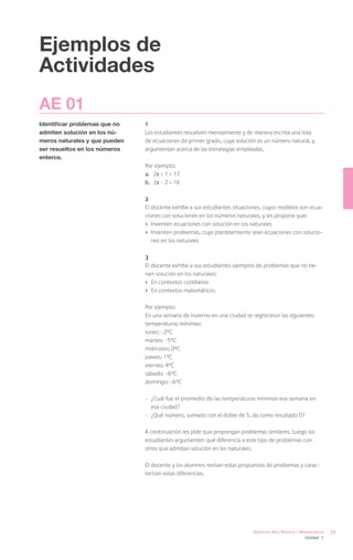 Ejemplos de
Actividades
AE 01
Identificar problemas que no   1
admiten solución en los nú-    Los estudiantes resuelven mentalmente y de manera escrita una lista
meros naturales y que pueden   de ecuaciones de primer grado, cuya solución es un número natural, y
ser resueltos en los números   argumentan acerca de las estrategias empleadas.
enteros.
                               Por ejemplo:
                               a.	2x + 1 = 17
                               b.	3x - 2 = 16

                               2
                               El docente exhibe a sus estudiantes situaciones, cuyos modelos son ecua-
                               ciones con soluciones en los números naturales, y les propone que:
                               ›	 Inventen ecuaciones con solución en los naturales
                               ›	 Inventen problemas, cuyo planteamiento sean ecuaciones con solucio-
                                  nes en los naturales

                               3
                               El docente exhibe a sus estudiantes ejemplos de problemas que no tie-
                               nen solución en los naturales:
                               ›	 En contextos cotidianos
                               ›	 En contextos matemáticos

                               Por ejemplo:
                               En una semana de invierno en una ciudad se registraron las siguientes
                               temperaturas mínimas:
                               lunes: -2ºC
                               martes: -5ºC
                               miércoles: 0ºC
                               jueves: 1ºC
                               viernes: 4ºC
                               sábado: -6ºC
                               domingo: -6ºC

                               -	 ¿Cuál fue el promedio de las temperaturas mínimas esa semana en
                                  esa ciudad?
                               -	 ¿Qué número, sumado con el doble de 5, da como resultado 0?

                               A continuación les pide que propongan problemas similares. Luego los
                               estudiantes argumenten qué diferencia a este tipo de problemas con
                               otros que admitan solución en los naturales.

                               El docente y los alumnos revisan estas propuestas de problemas y carac-
                               terizan estas diferencias.




                                                                           Séptimo Año Básico / Matemática   39
                                                                                                 Unidad 1
 