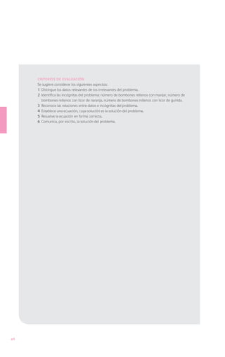 Criterios de evaluación
     Se sugiere considerar los siguientes aspectos:
     1	 Distingue los datos relevantes de los irrelevantes del problema.
     2	 Identifica las incógnitas del problema: número de bombones rellenos con manjar, número de
        bombones rellenos con licor de naranja, número de bombones rellenos con licor de guinda.
     3	 Reconoce las relaciones entre datos e incógnitas del problema.
     4	 Establece una ecuación, cuya solución es la solución del problema.
     5	 Resuelve la ecuación en forma correcta.
     6	 Comunica, por escrito, la solución del problema.




46
 