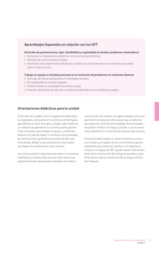 Aprendizajes Esperados en relación con los OFT

      Actitudes de perseverancia, rigor, flexibilidad y originalidad al resolver problemas matemáticos
      ›	 Demostrar un método para realizar las construcciones geométricas.
      ›	 Terminar las construcciones iniciadas.
      ›	 Desarrollar tenacidad frente a obstáculos o dudas que se le presenten en problemas propuestos
         sobre construcciones.

      Trabajo en equipo e iniciativa personal en la resolución de problemas en contextos diversos
      ›	 Participar de manera propositiva en actividades grupales.
      ›	 Ser responsable en la tarea asignada.
      ›	 Tomar iniciativa en actividades de carácter grupal.
      ›	 Proponer alternativas de solución a problemas matemáticos en actividades grupales.




Orientaciones didácticas para la unidad

El foco de esta unidad, como lo sugieren los Aprendiza-      construcción. Por lo tanto, se sugiere trabajar junto a los
jes Esperados, está puesto en la construcción de figuras     alumnos en la redacción de los pasos que se debe dar
geométricas a través de regla y compás o por medio de        para lograr las construcciones pedidas. Así los estudian-
un software de geometría. Las construcciones geomé-          tes podrán verificar (con regla y compás o con un proce-
tricas se prestan para trabajar en grupos y ambientes        sador geométrico) si la secuencia de pasos está correcta.
distintos a la sala de clases. El monitoreo de actividades
de construcciones geométricas resulta más fácil que          El docente debe resaltar en todo momento la secuen-
otros temas, debido a que el producto al que tienen          cia, el orden y el respeto de los conocimientos que los
que llegar los estudiantes es muy concreto.                  estudiantes ya poseen: por ejemplo, si el objetivo es
                                                             construir un ángulo de 30º, puede resultar más exitoso
Las construcciones en geometría permiten a los alumnos       partir de la construcción del triángulo equilátero y pos-
sistematizar y ordenar instrucciones. Estas tienen que       teriormente realizar la bisección de un ángulo interior
seguirse de forma rigurosa para completar con éxito la       del triángulo.




                                                                                         Séptimo Año Básico / Matemática   51
                                                                                                                Unidad 2
 