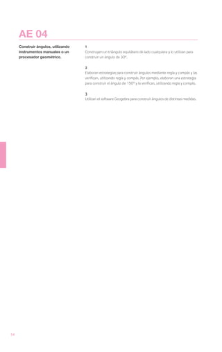 AE 04
     Construir ángulos, utilizando   1
     instrumentos manuales o un      Construyen un triángulo equilátero de lado cualquiera y lo utilizan para
     procesador geométrico.          construir un ángulo de 30°.

                                     2
                                     Elaboran estrategias para construir ángulos mediante regla y compás y las
                                     verifican, utilizando regla y compás. Por ejemplo, elaboran una estrategia
                                     para construir el ángulo de 150° y la verifican, utilizando regla y compás.

                                     3
                                     Utilizan el software Geogebra para construir ángulos de distintas medidas.




54
 